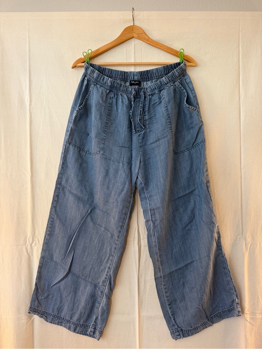 Splendid Relaxed Wide-Leg Drawstring Chambray Pants - Light Blue
